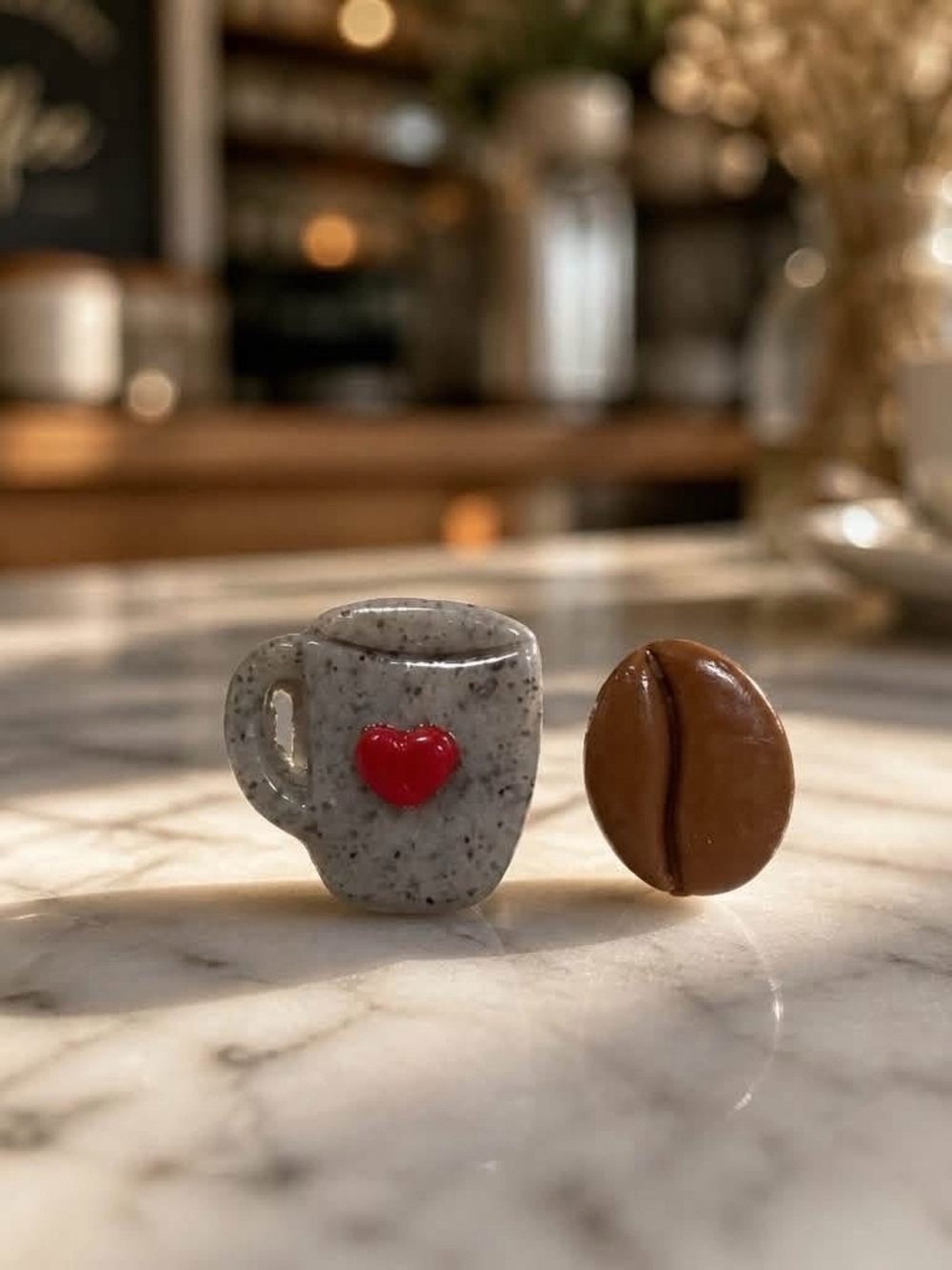 Gray Speckled Coffee Mug & Brown Coffee Bean Earrings with Red Heart Accent stud